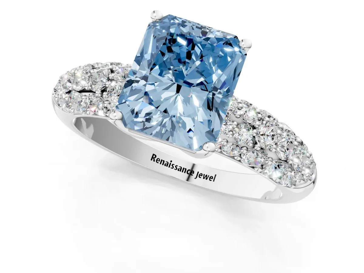 Fancy Blue Radiant Cut Diamond Pavé Band Solitaire Ring with Four-Prong Setting Platinum