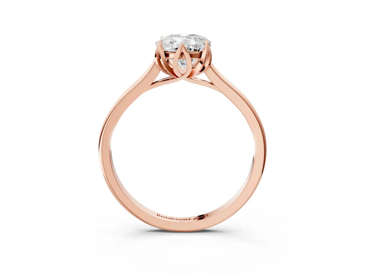 Oval Cut Diamond Solitaire Ring with Flower Prong Setting and Classic Band Rose gold