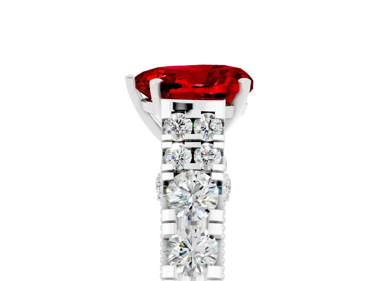 Heart Cut Ruby Classic Solitaire Ring with Pavé Band and Four-Prong Setting White gold