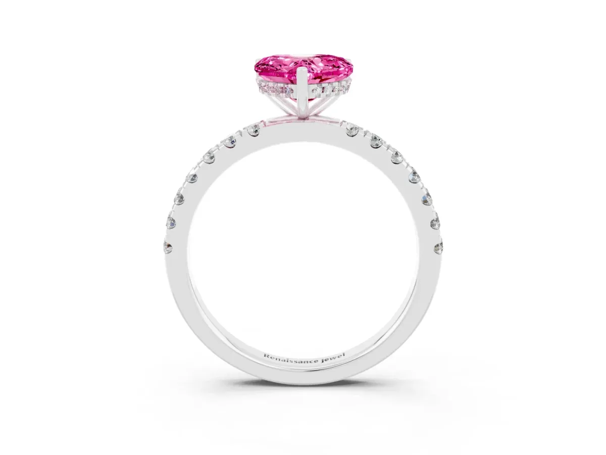 Heart Cut Pink Sapphire Pave Band Solitaire Ring with Round and Prong Setting Silver
