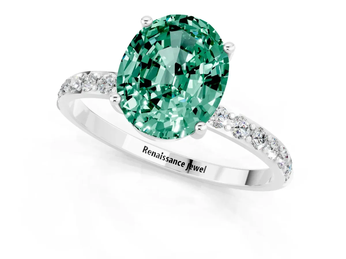 Oval Cut Green Sapphire Solitaire Ring with Round Pavé Band and Prong Setting Silver