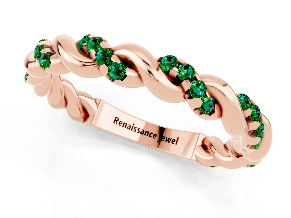 Twisted Pavé Round Emerald Eternity Band Rose gold