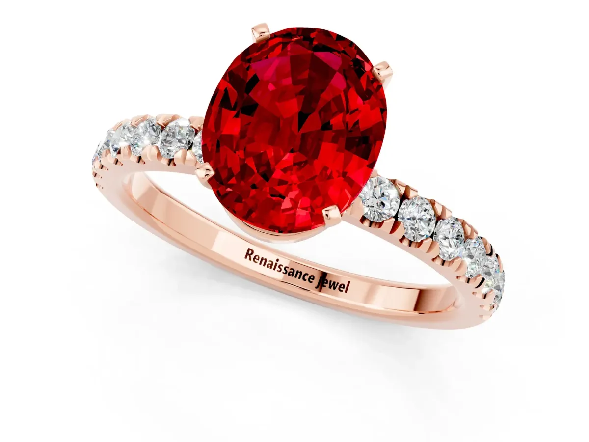 Oval Cut Ruby Solitaire Ring with Pavé Accents and Four-Prong Setting Rose gold