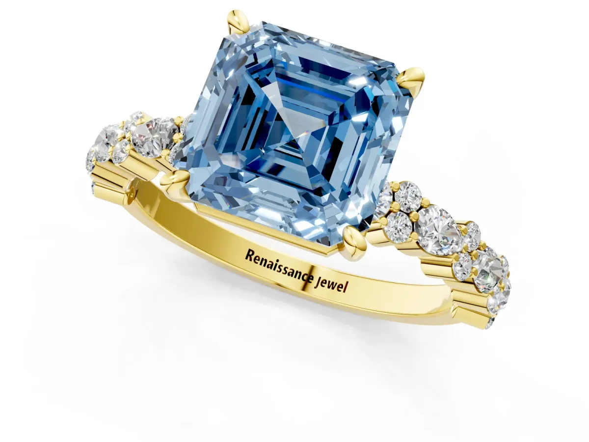 Fancy Blue Asscher Cut Diamond Side Stone Solitaire Ring with Round and Four-Prong Setting Yellow gold