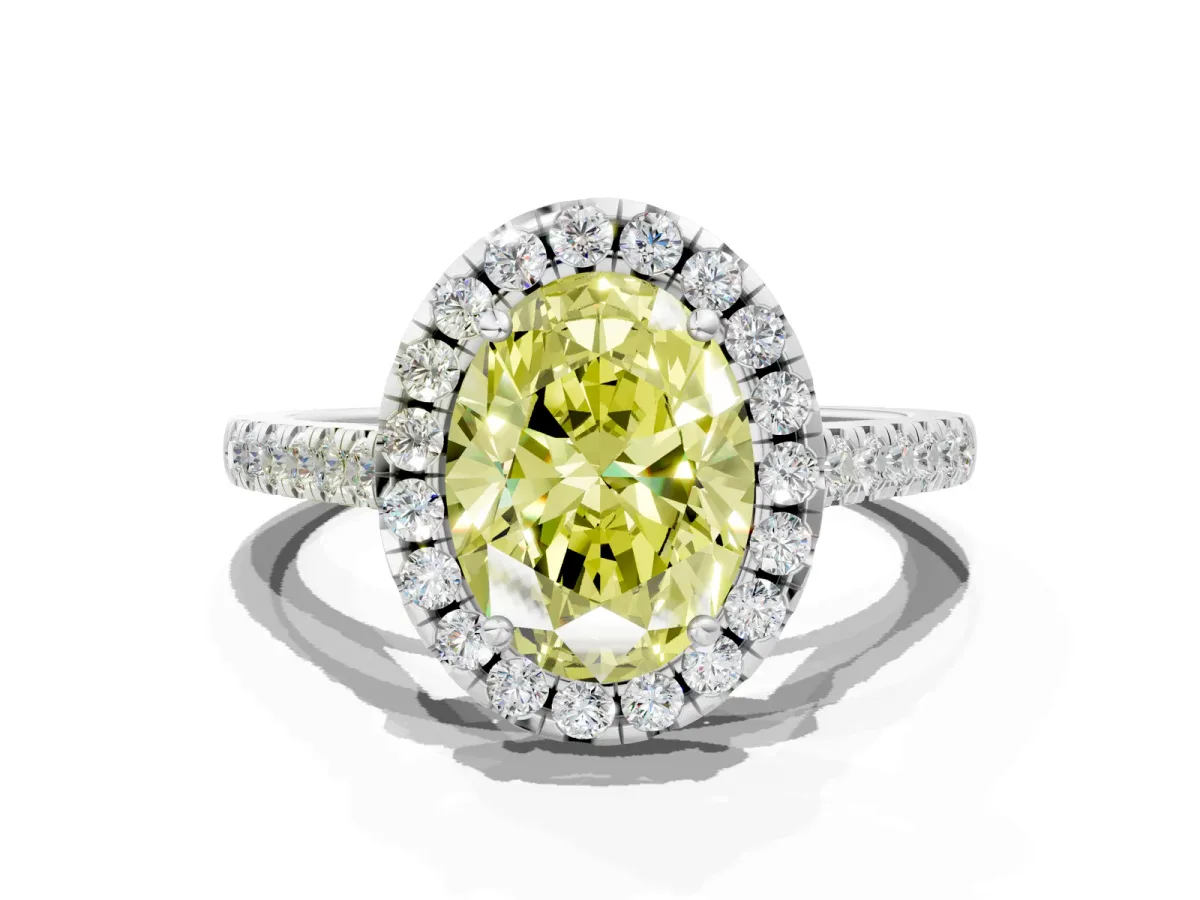 Fancy Yellow Oval Cut Halo Pavé Diamond Engagement Ring with Four-Prong Setting Silver