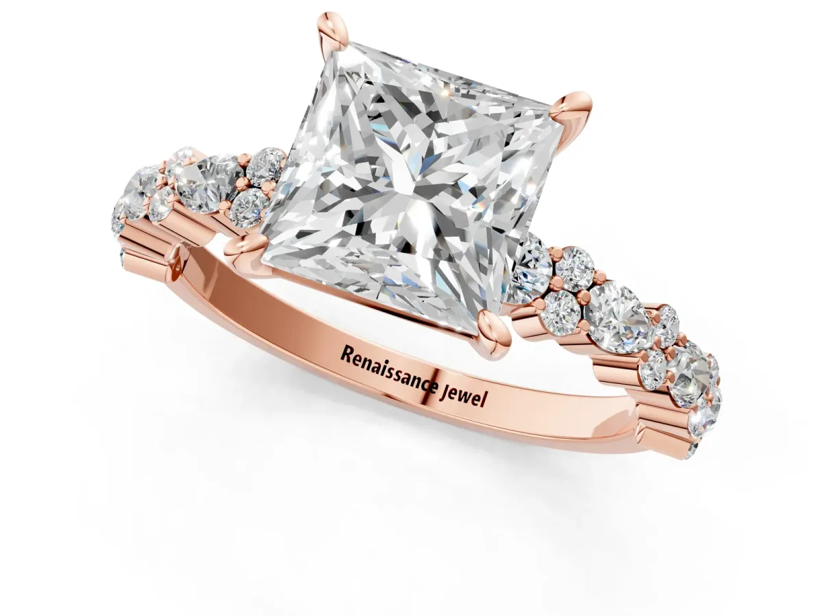 Princess Cut Diamond Side Stone Solitaire Ring with Round and Four-Prong Setting Rose gold