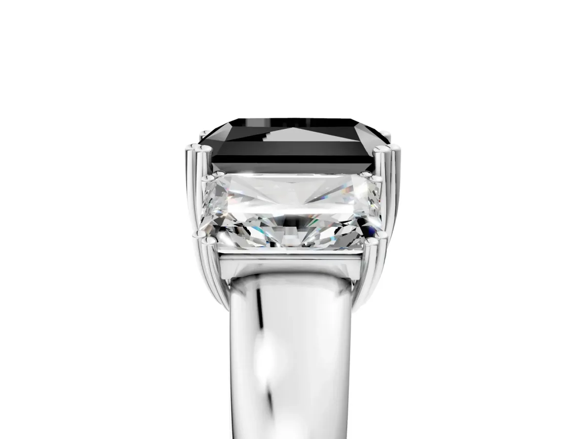 Fancy Black Three-Stone Radiant Cut Cut Diamond Ring with Channel Set Band and Four-Prong Setting Silver