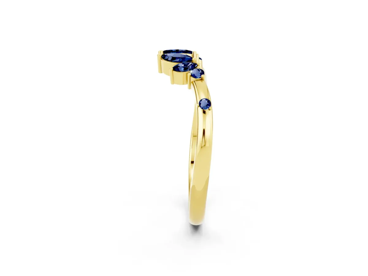 Open Marquise Cluster Blue Sapphire Band with Prong Setting Yellow gold