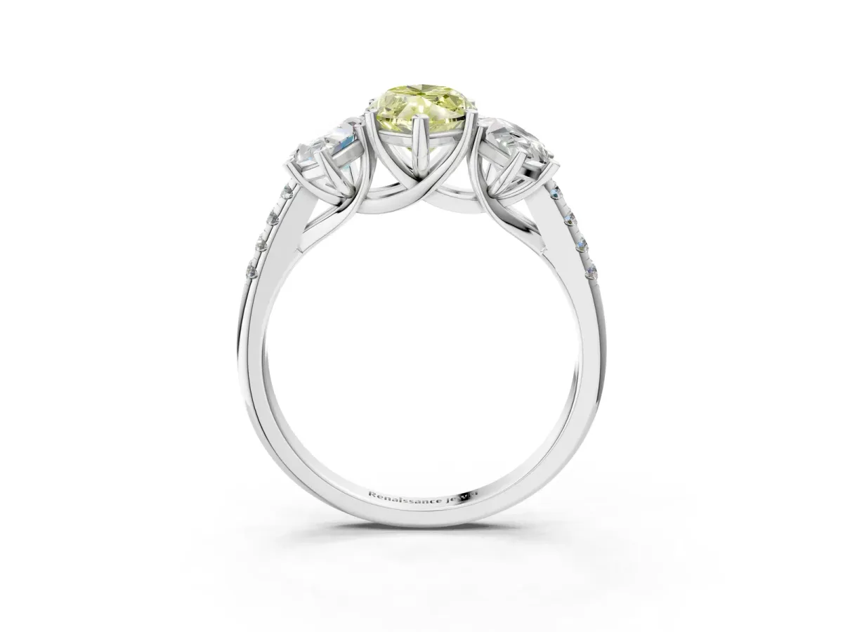 Fancy Yellow Three-Stone Marquise Cut Diamond Ring with Round Pavé Band and Prong Setting Silver