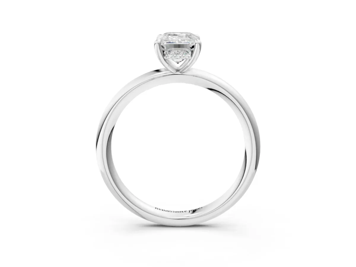 Emerald Cut Diamond Solitaire Ring with Thin Band and Four-Prong Setting White gold