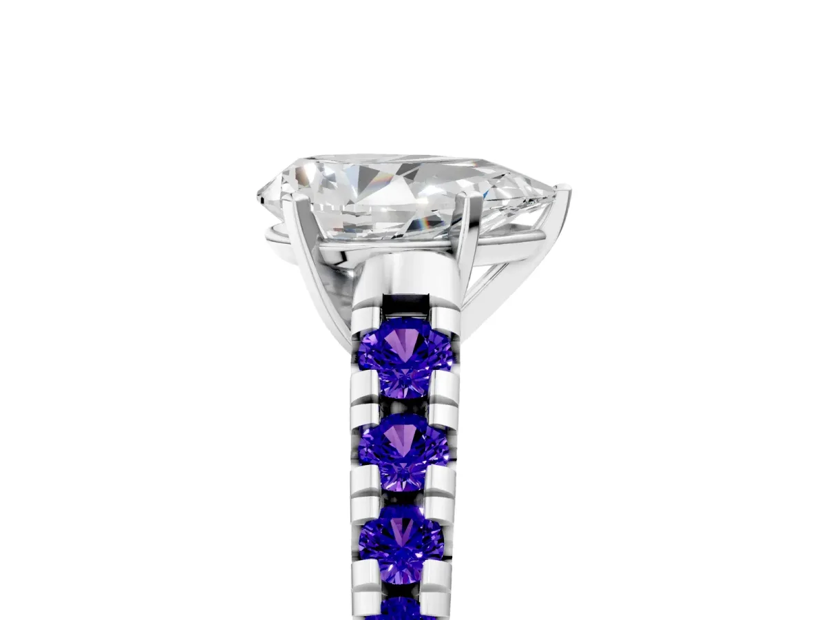 Pear Cut Diamond Cathedral Solitaire Ring with Round Tanzanite Pavé Band Silver