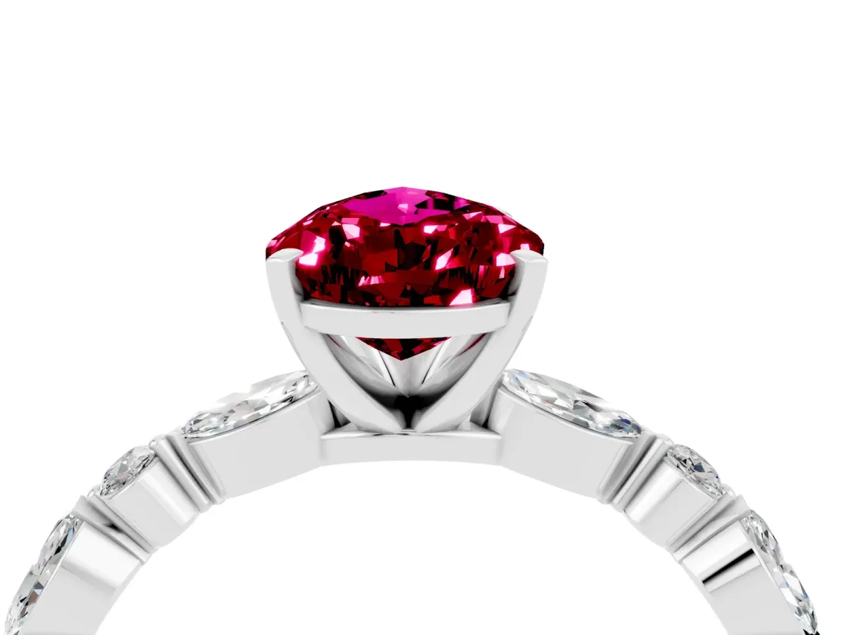 Pear Cut Garnet Ring with Marquise and Round Side Stones and Four-Prong Setting Silver