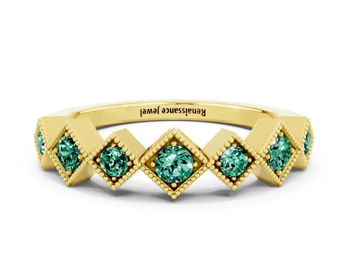 Milgrain Square Bezel Round Green Sapphire Chevron Band Yellow gold