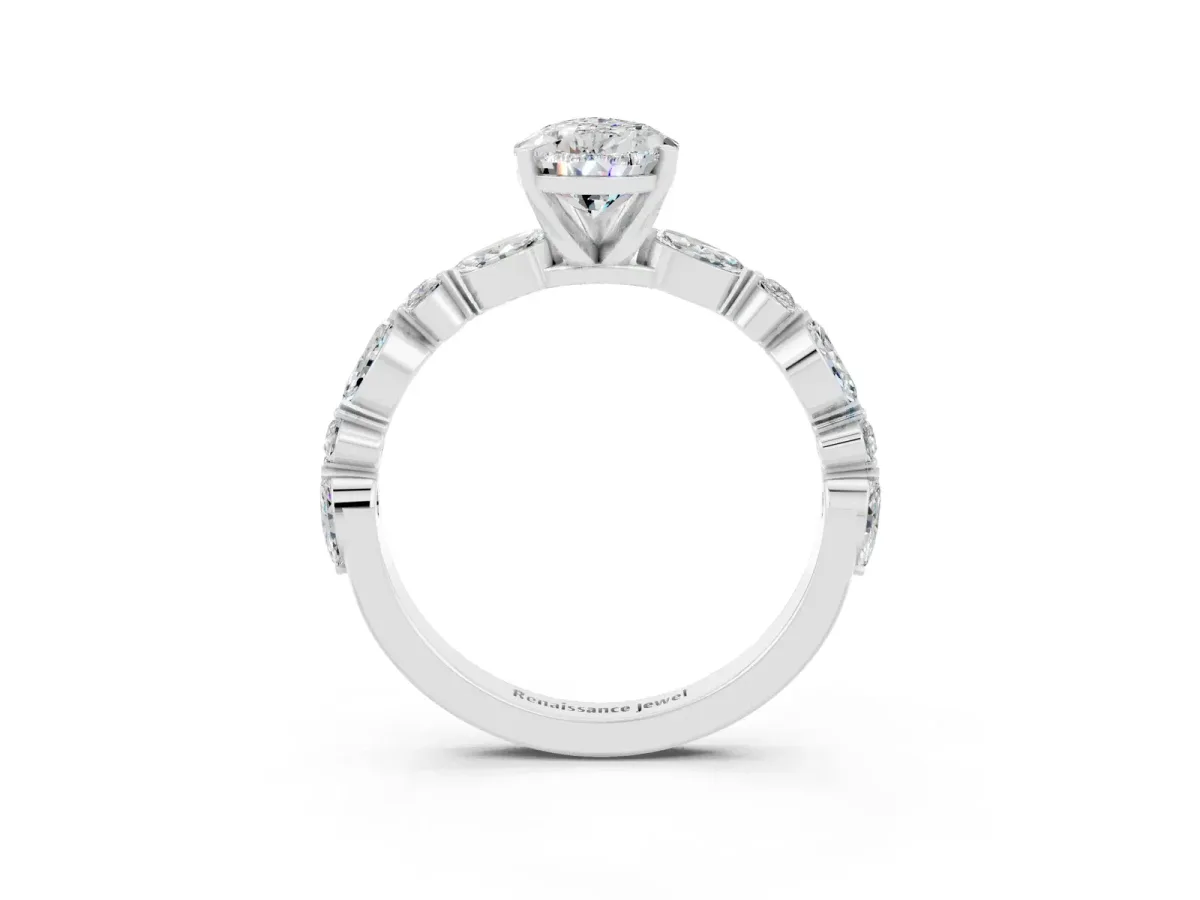 Pear Cut Moissanite Ring with Marquise and Round Side Stones and Four-Prong Setting Silver