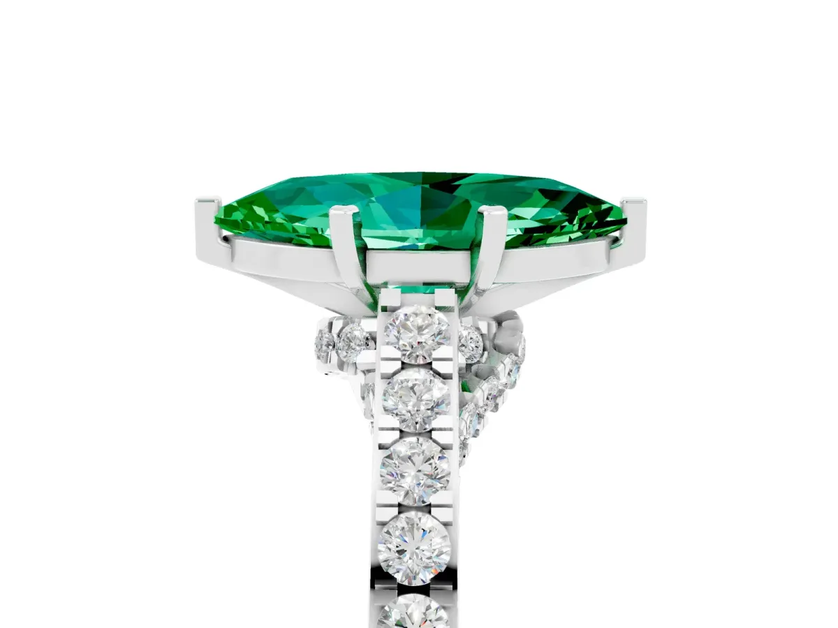 Marquise Cut Emerald Solitaire Ring with Crossover Gallery and Round Pavé Band Silver