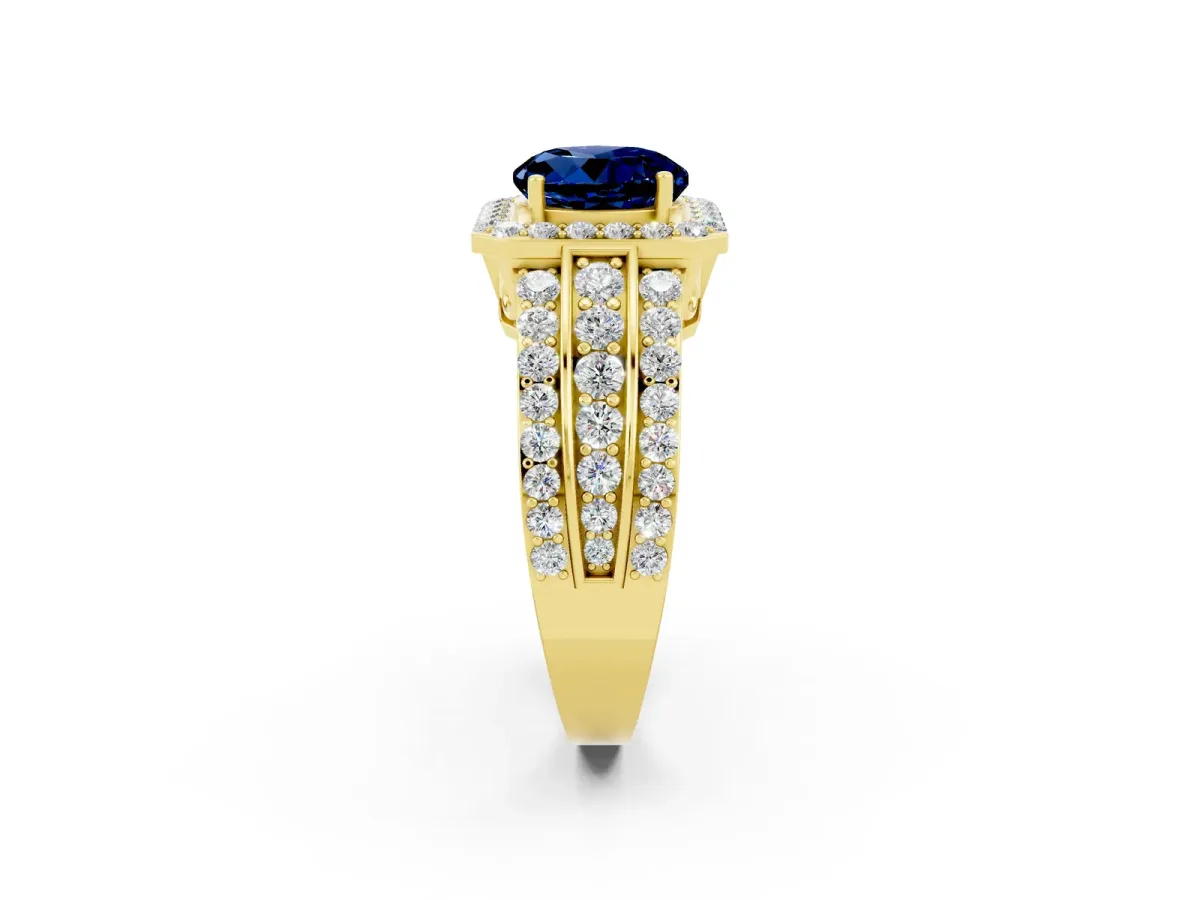 Round Cut Halo Blue Sapphire Ring with Round Split Shank and Prong Setting Yellow gold