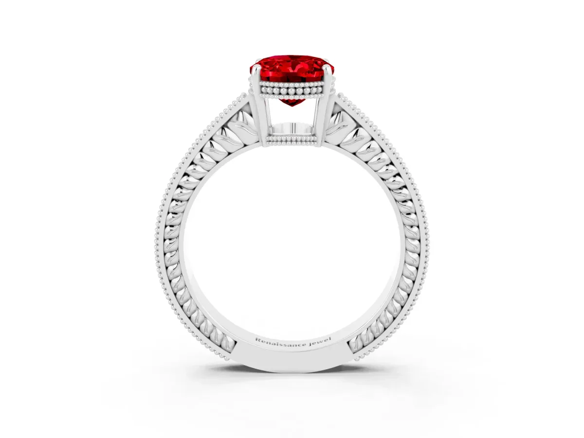 Oval Cut Ruby Engagement Ring with Milgrain Channel Set Band and Prong Setting Platinum