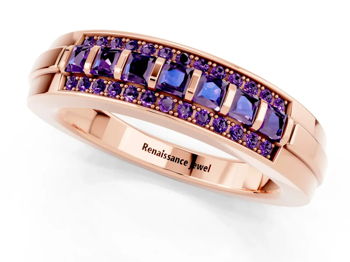 Bar-Set Princess Cut Amethyst Pavé Band Rose gold