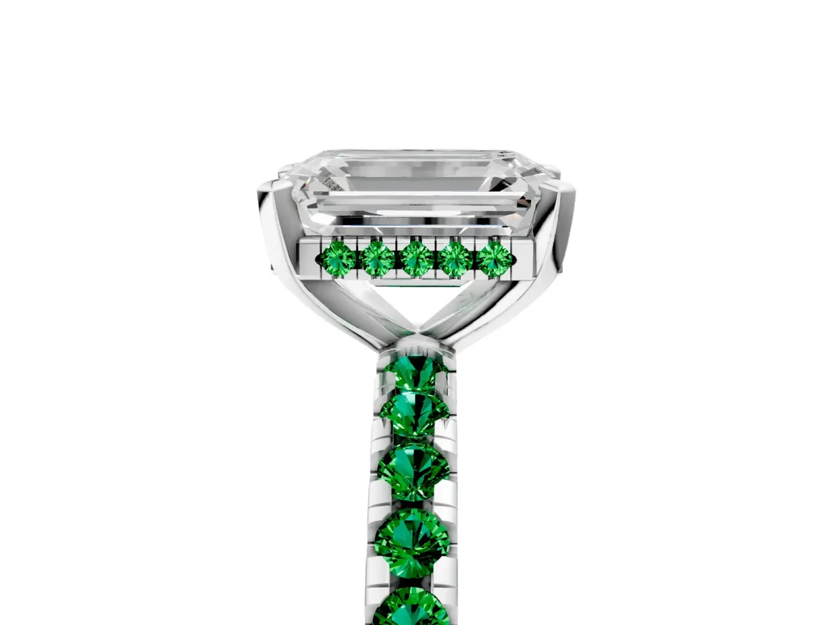 Emerald Cut Diamond Solitaire Ring with Round Emerald Pavé Band and Four-Prong Setting Silver