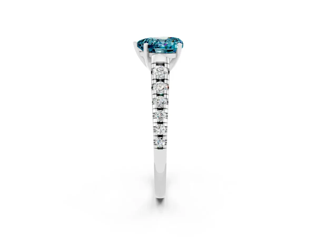Heart Cut Blue Topaz Cathedral Solitaire Ring with Round Pavé Band Silver