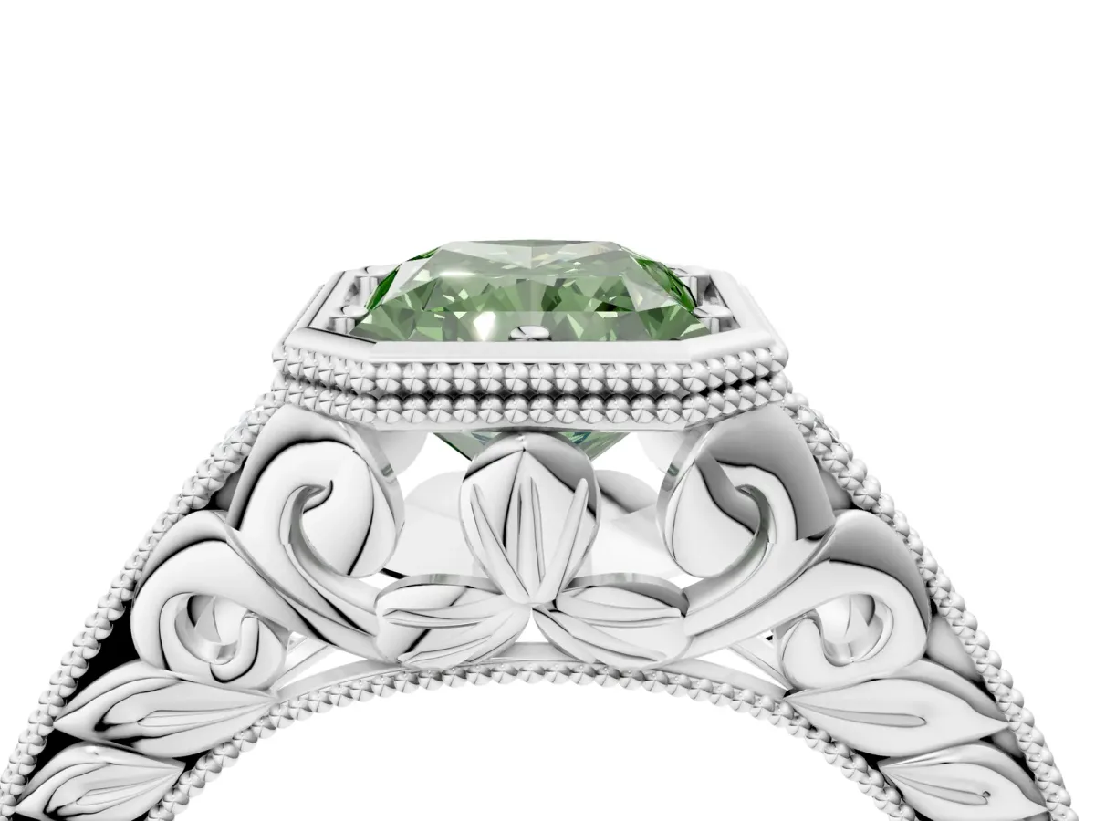 Fancy Green Bezel Set Radiant Cut Diamond Milgrain Pave Engagement Ring Platinum