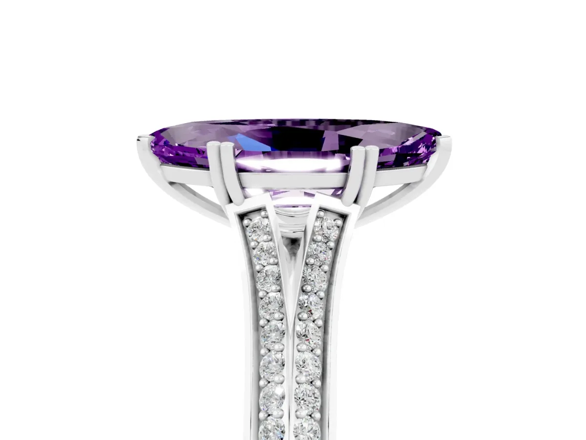 Marquise Cut Amethyst Split Shank Engagement Ring with Pavé Band White gold