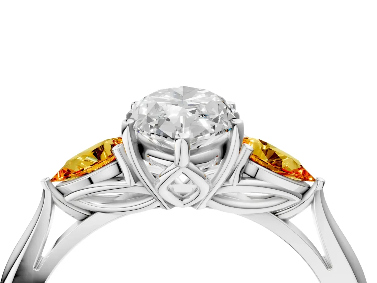 Marquise Cut Diamond Three-Stone Ring with Pear Citrine Side Stones and Prong Setting Silver