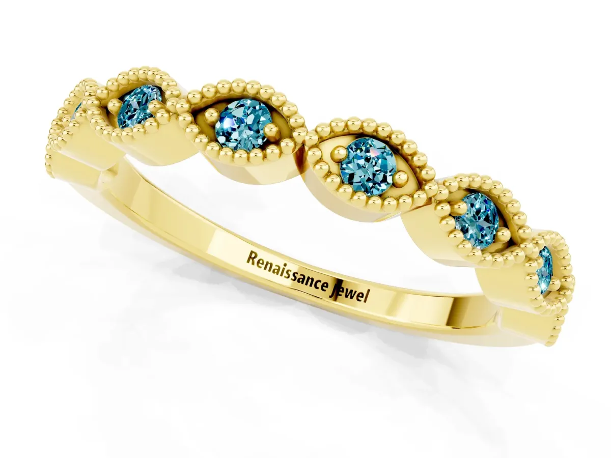 Milgrain Marquise Blue Topaz Half Eternity Band with Bezel Setting Yellow gold