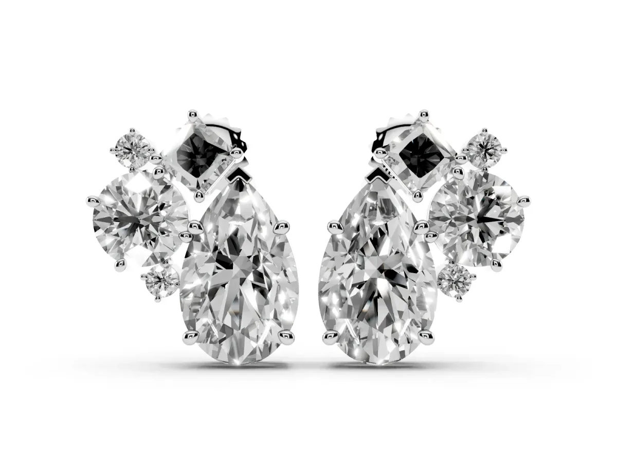 Multi-Shape Diamond Mosaic Five Stone Stud Earrings White gold