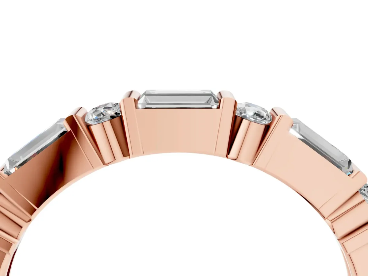 Baguette and Round Diamond Channel Set Half Eternity Band with Bar Prong Setting Rose gold