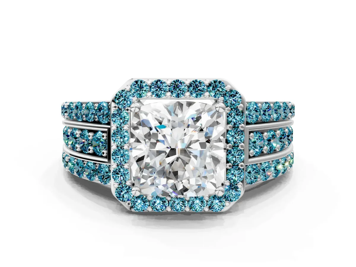 Cushion Cut Halo Diamond Ring with Round Blue Topaz Split Shank and Prong Setting Silver