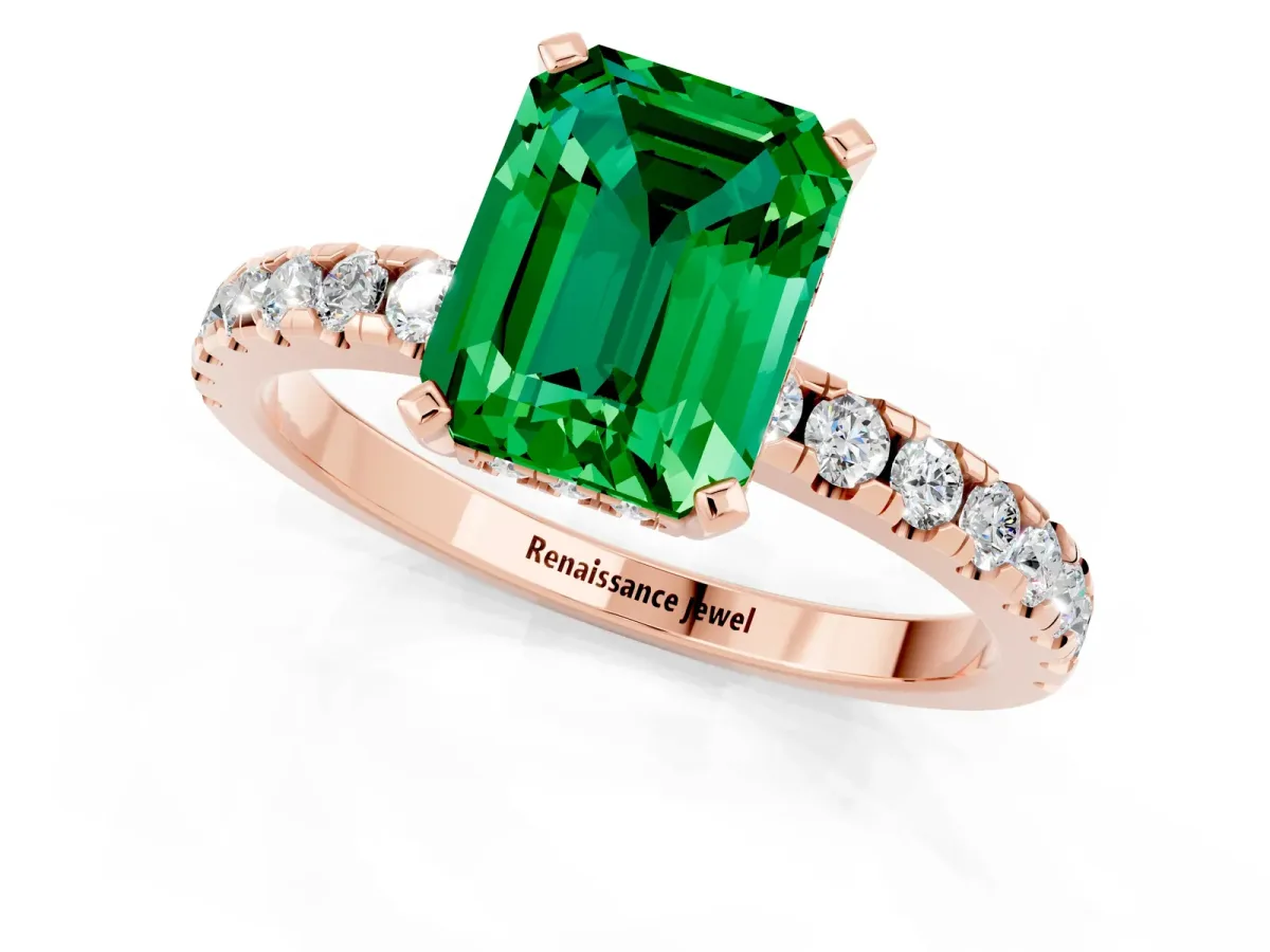 Emerald Cut Emerald Solitaire Ring with Round Pavé Band and Four-Prong Setting Rose gold