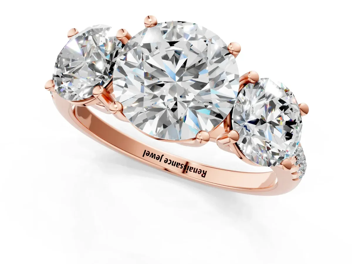 Three-Stone Round Cut Diamond Ring with Round Pavé Band and Prong Setting Rose gold