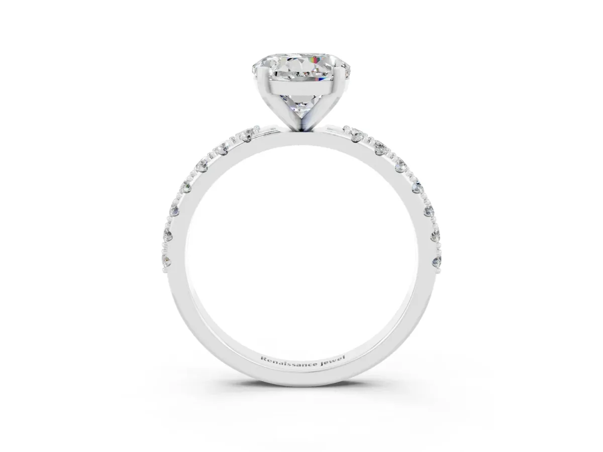 Round Cut Moissanite Solitaire Pavé Band with Four-Prong Setting Silver