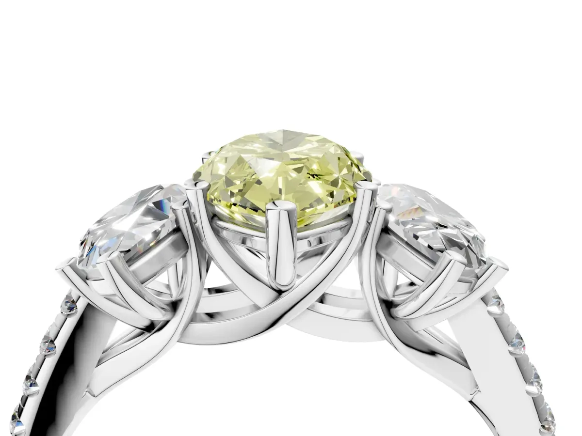 Fancy Yellow Three-Stone Marquise Cut Diamond Ring with Round Pavé Band and Prong Setting Silver