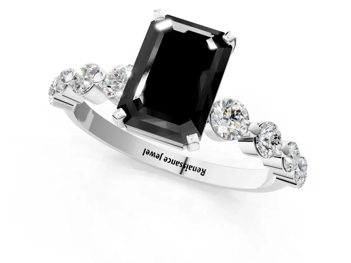 Fancy Black Emerald Cut Solitaire Diamond Ring with Pave Band and Four-Prong Setting Platinum