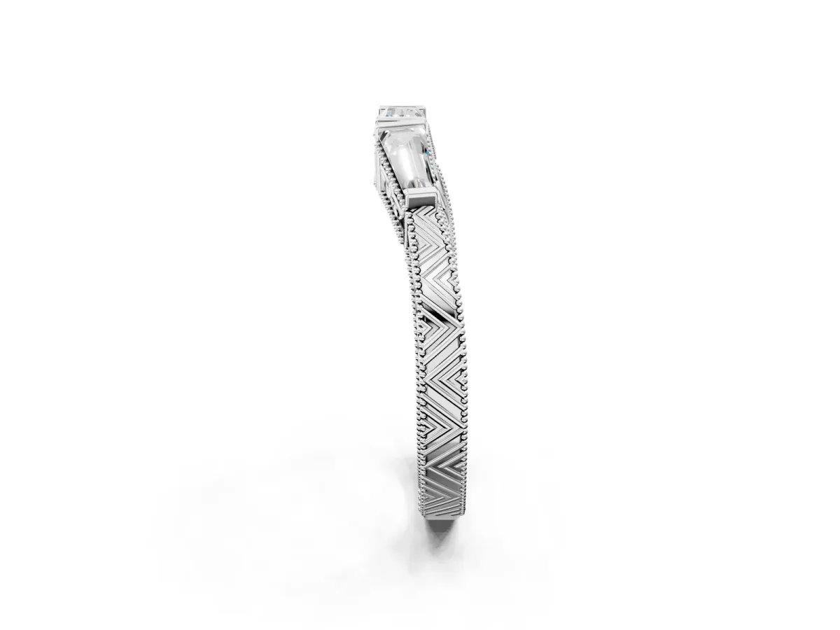 Baguette Cut Channel Set Milgrain Band with V-Prong Setting Silver
