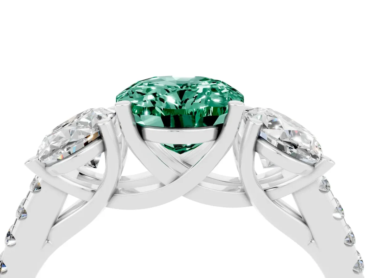 Three-Stone Oval Cut Green Sapphire Ring with Round Pavé Band and Prong Setting Silver