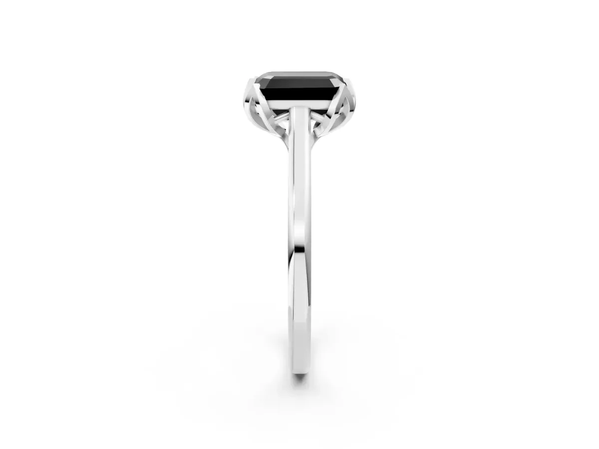Fancy Black Emerald Cut Diamond Solitaire Ring with Flower Prong Setting and Classic Band White gold