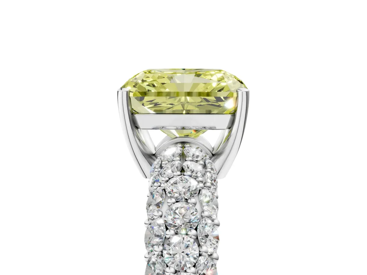 Fancy Yellow Radiant Cut Diamond Pavé Band Solitaire Ring with Four-Prong Setting Platinum