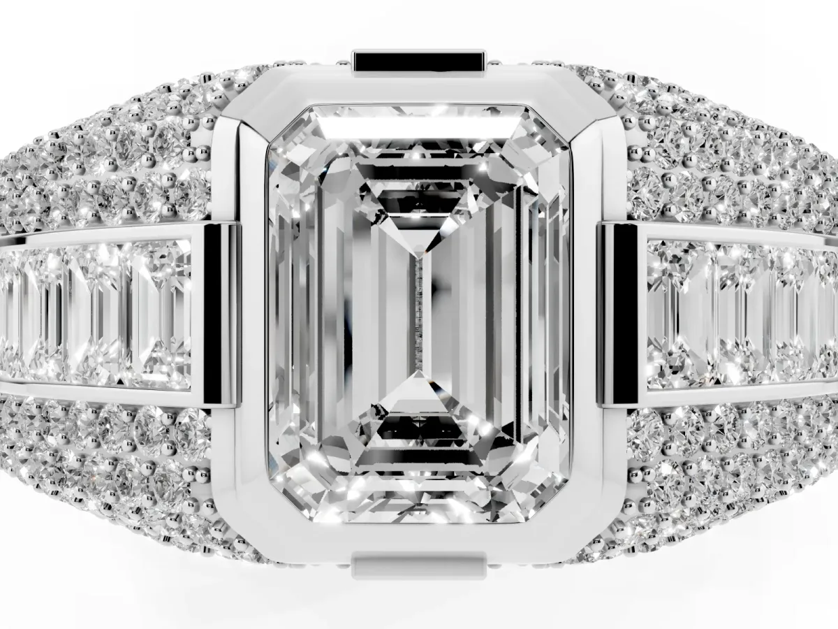 Emerald Cut Diamond Mens Ring with Side Stones White gold
