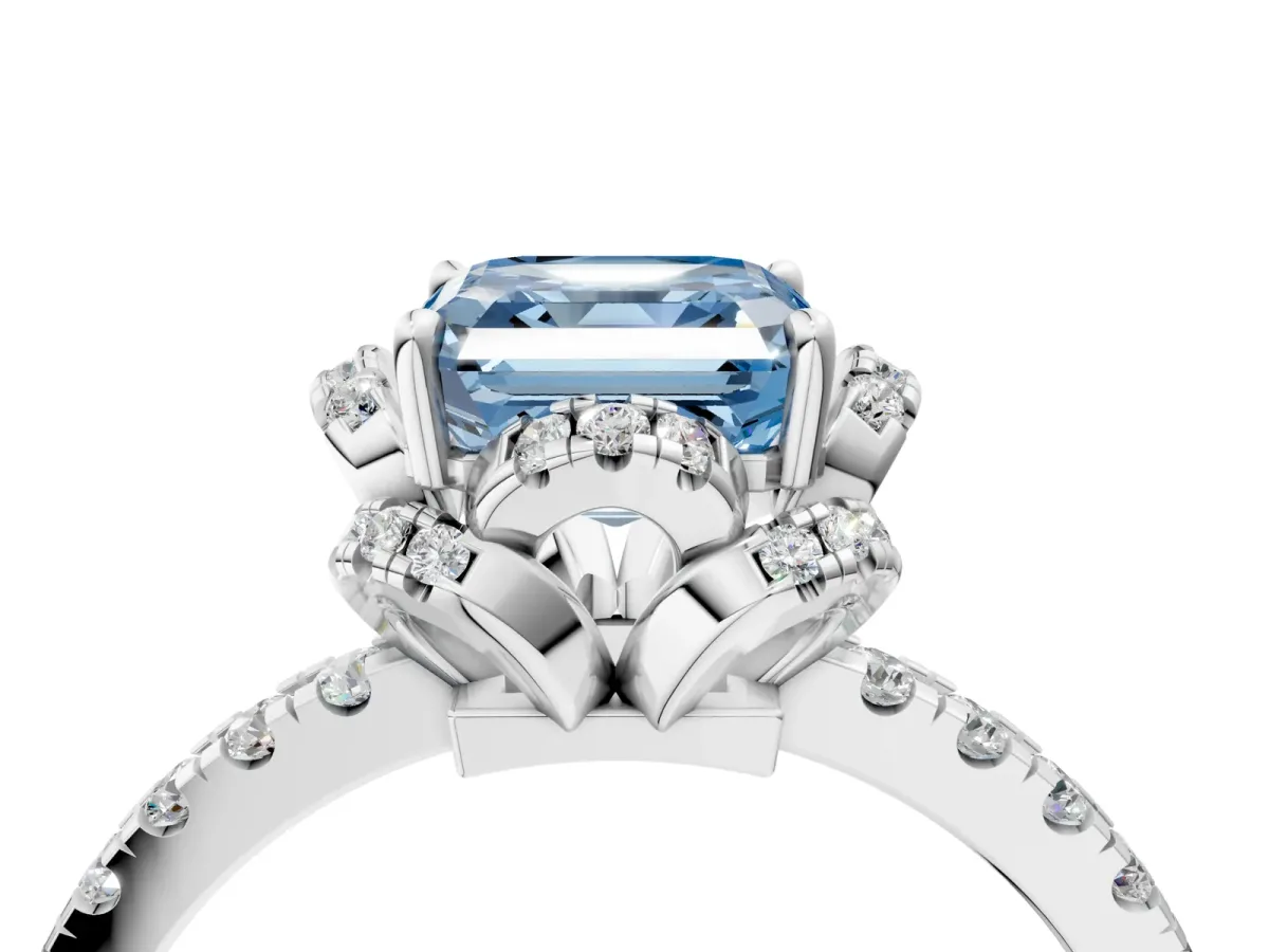 Fancy Blue Asscher Cut Halo Diamond Pave Band Ring with Four-Prong Setting Platinum