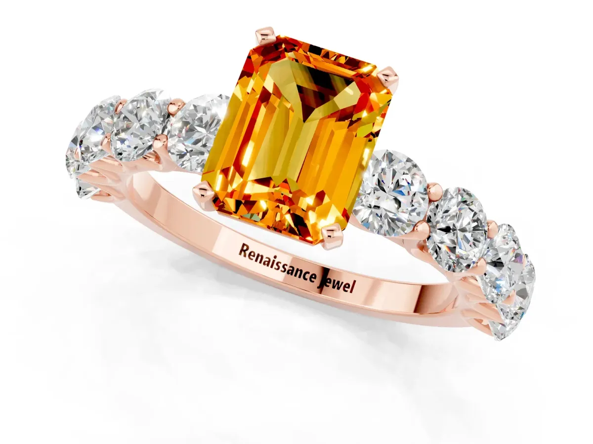 Emerald Cut Citrine Prong Setting with Side Stones on a Pave Band Rose gold