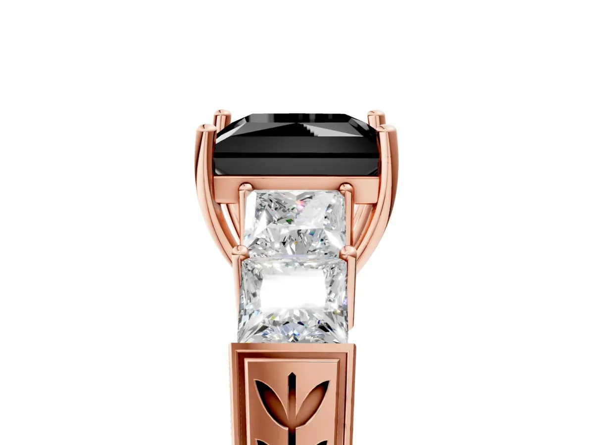 Fancy Black Princess Cut Solitaire Princess Side Stone Engraved Band Prong Setting Ring Rose gold