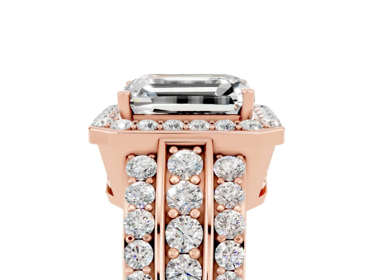 Emerald Cut Halo Moissanite Ring with Round Split Shank and Prong Setting Rose gold