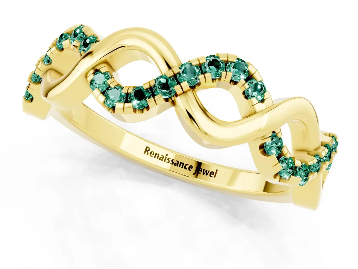 Twist Infinity Round Green Sapphire Band with Pavé Setting Yellow gold