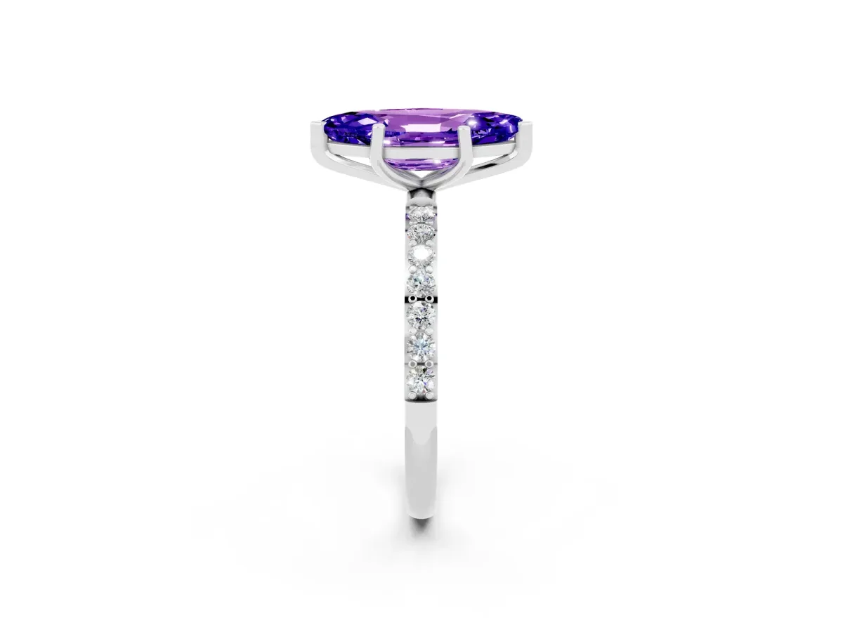 Marquise Cut Tanzanite Solitaire Ring with Round Pavé Band and Prong Setting Silver