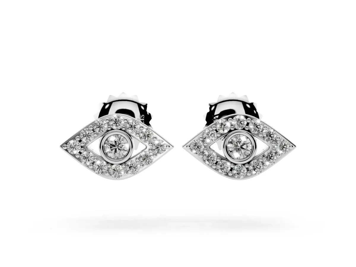 Round Diamond Bezel Center Evil Eye Stud Earrings Silver