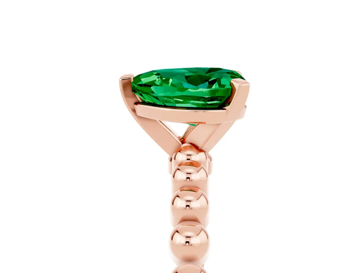 Heart Cut Emerald Solitaire Ring with Beaded Band and Prong Setting Rose gold