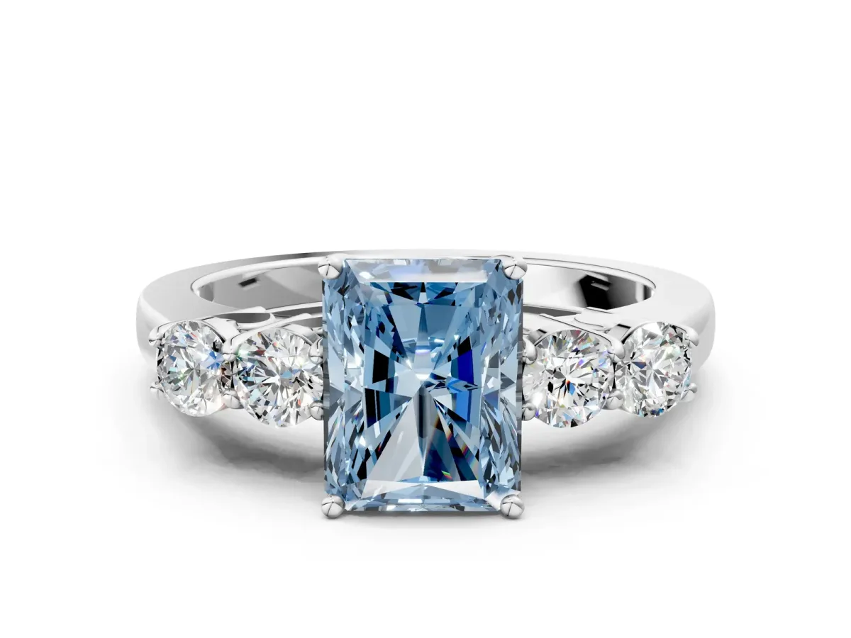 Fancy Blue Radiant Cut Cut Diamond Five-Stone Prong Set White Gold Ring Platinum